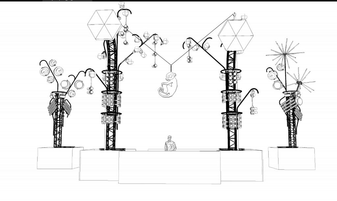 Neo Nature x Monkey 2025 — lighting design preview with truss towers and monkey figure